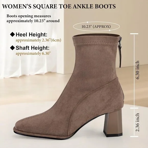 Women's Square Toe Ankle Chestnut Boot Faux Suede Low Brown Heel Chelsea Shoes - Picture 5 of 9